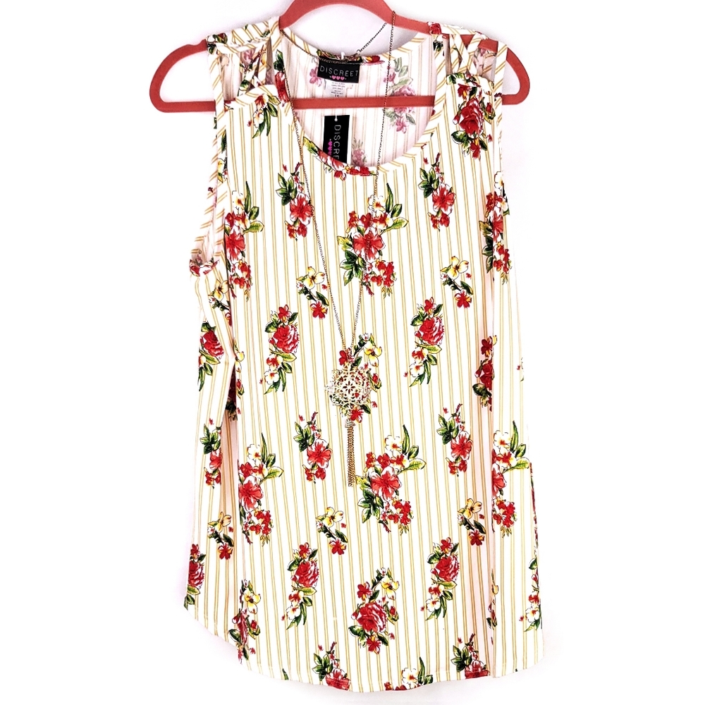 Yellow floral stripe tank with attached necklace